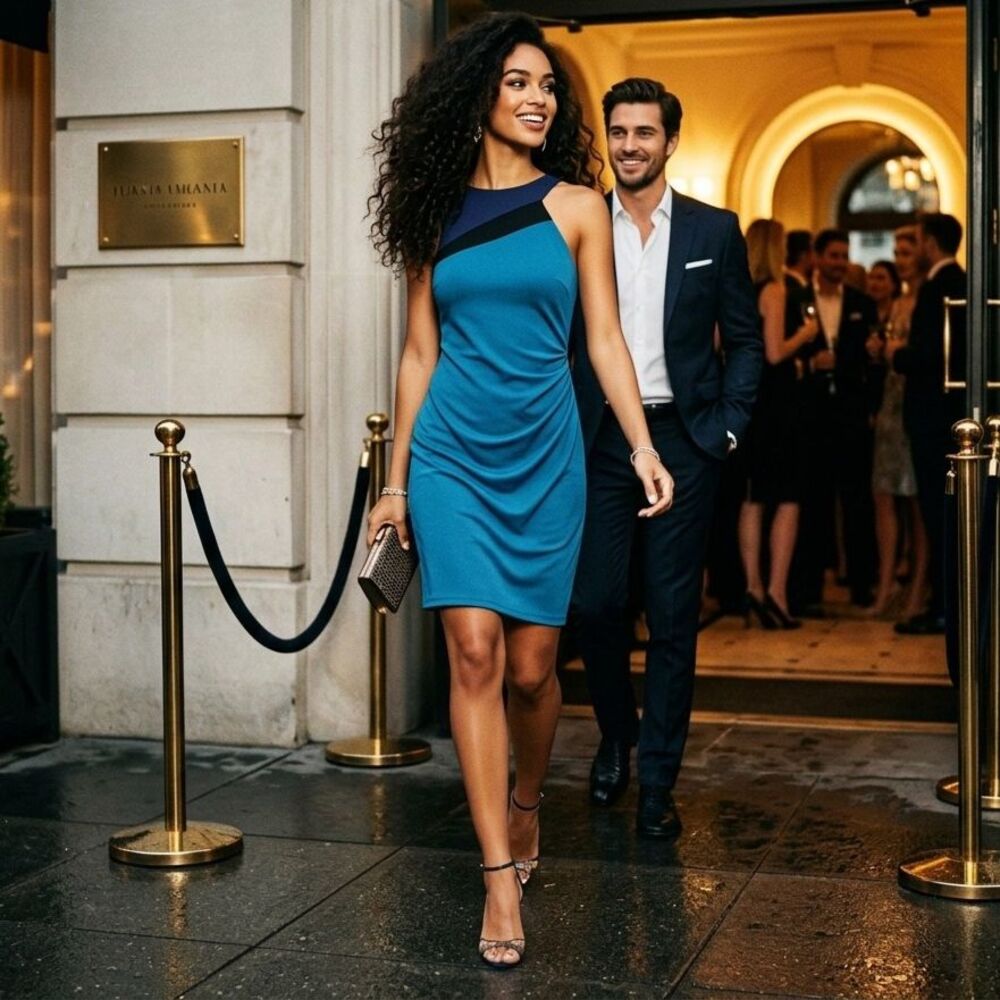 BCBGMAXAZRIA Teal Blue Colorblock Ruched Draped Asymmetric Cocktail Dress Small